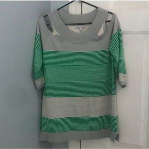 Green and Gray Striped Women's Top